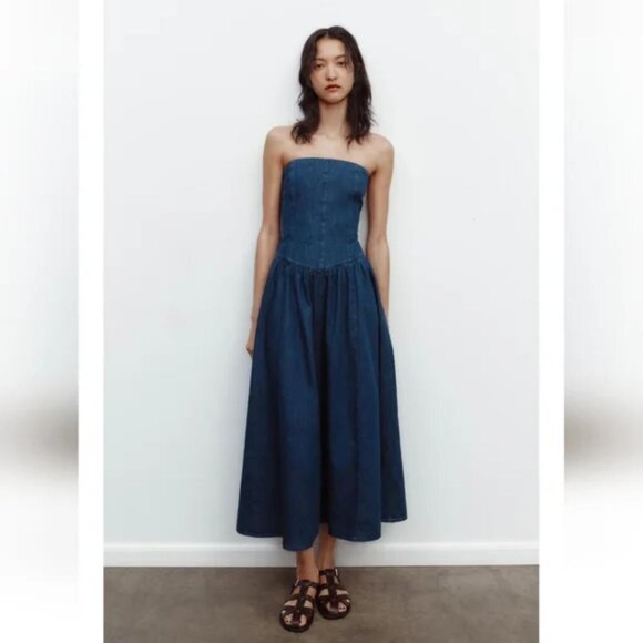 Zara Strapless Denim Dress - Blue - Picture 2 of 4